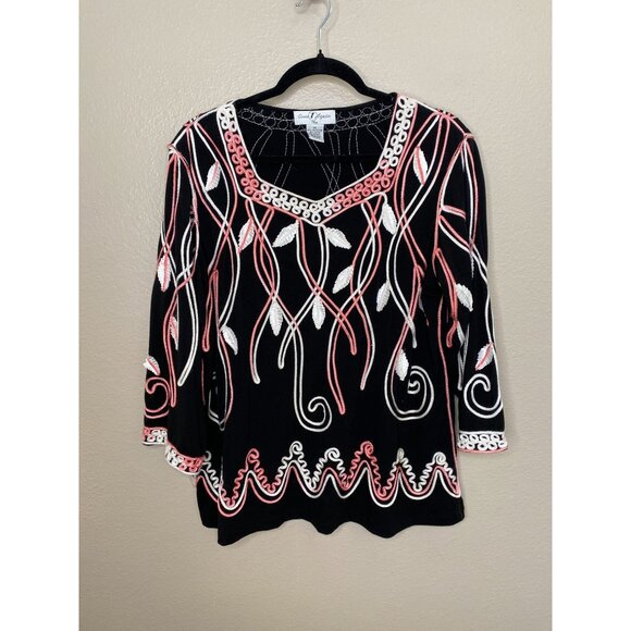 Once 1 Again Plus Embroidered Black 3/4 Sleeve Top Size 1X Pink & White Accents - Picture 2 of 6